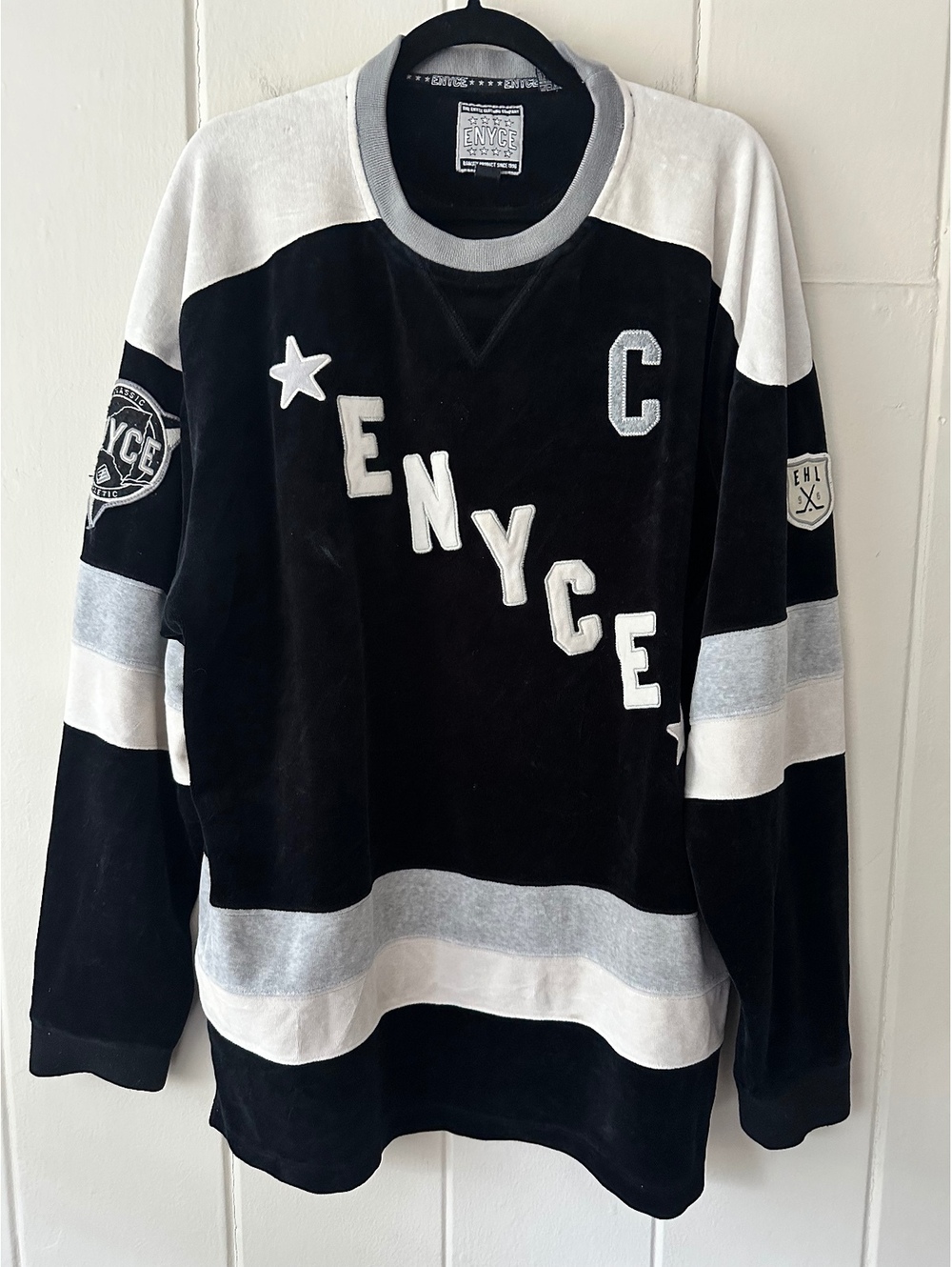 Vintage 90s Y2K ENYCE Velour Hockey Jersey Baggy XXL Black White Grey Stitched
